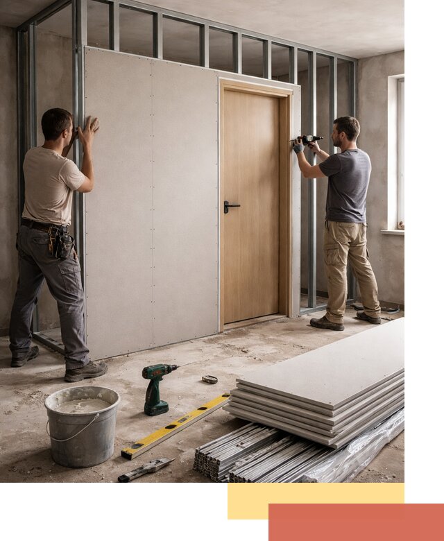 Перегородка из гипсокартона с дверью под ключ в Шарыпово