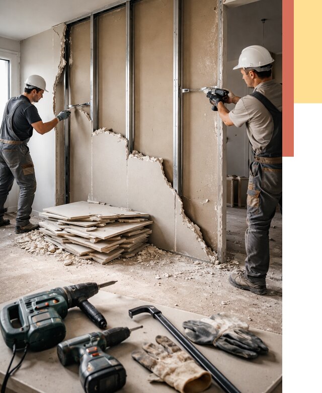 Демонтаж перегородки из гипсокартона в Шарыпово от 1213 руб. быстро и недорого | ОТДЕЛОЧНИК-Шрп