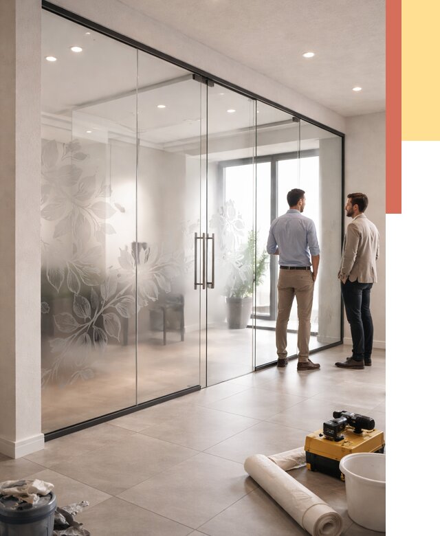 Стеклянные перегородки с рисунком в Шарыпово от 12631 руб. монтаж и нанесение | ОТДЕЛОЧНИК-Шрп