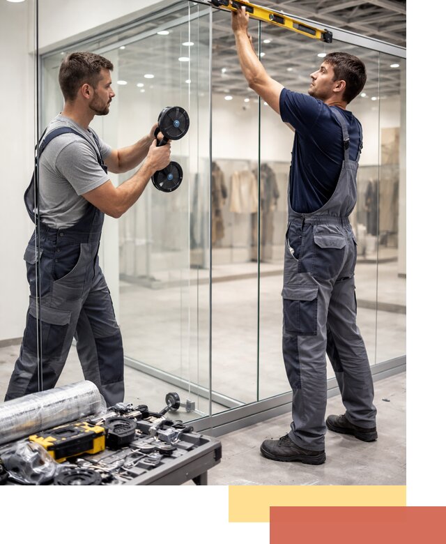 Стеклянные перегородки для магазинов в Шарыпово — монтаж и установка