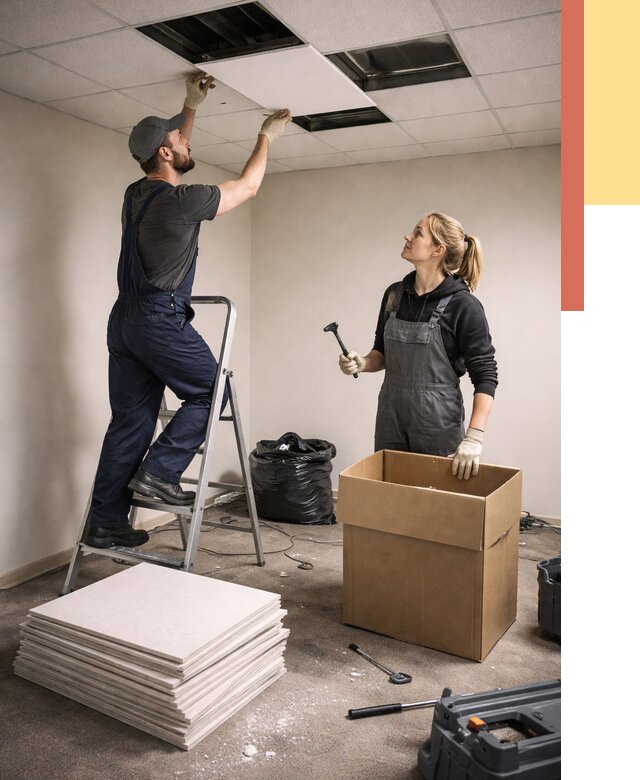 Демонтаж потолочной плитки в Шарыпово от 4547 руб. быстро и недорого | ОТДЕЛОЧНИК-Шрп