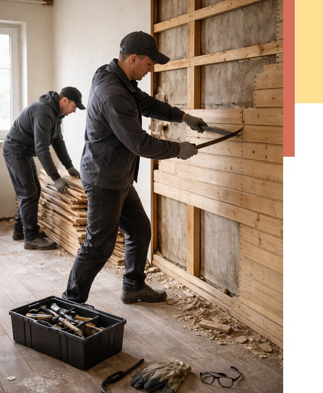 Демонтаж вагонки в Шарыпово от 3840 руб/м2 — быстро и недорого | ОТДЕЛОЧНИК-Шрп