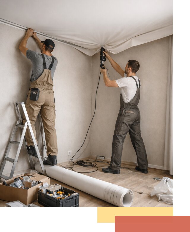 Монтаж цветного натяжного потолка в Шарыпово за один день