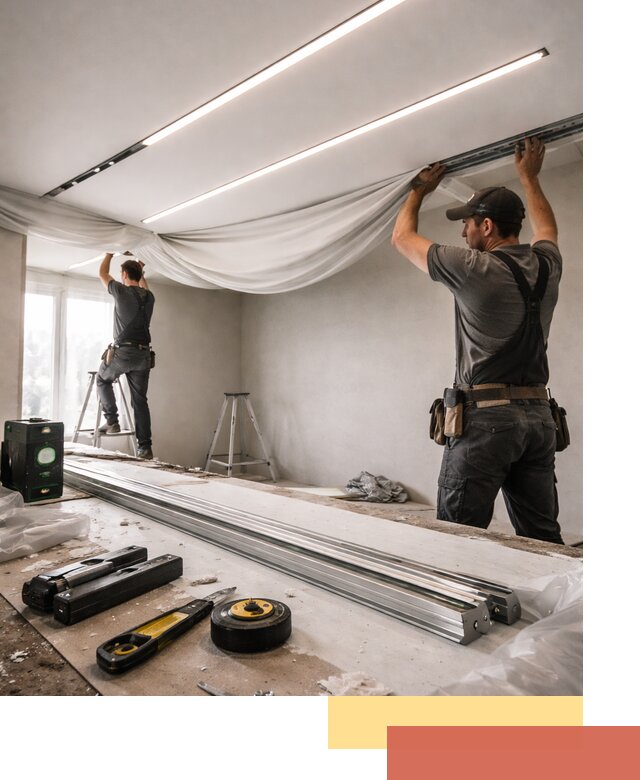 Монтаж натяжных потолков со световыми линиями в Шарыпово