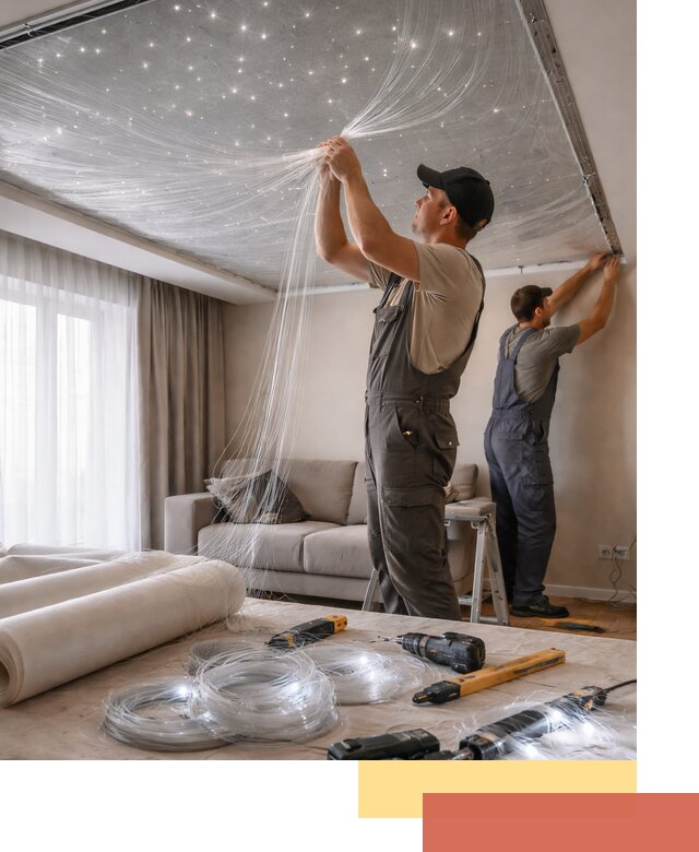 Монтаж натяжного потолка «Звездное небо» в Шарыпово