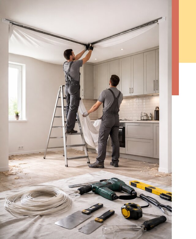 Установка натяжного потолка на кухне в Шарыпово от 2425 руб. | ОТДЕЛОЧНИК-Шрп