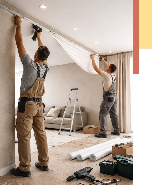 Монтаж натяжного потолка в гостиной в Шарыпово от 556 руб. | ОТДЕЛОЧНИК-Шрп